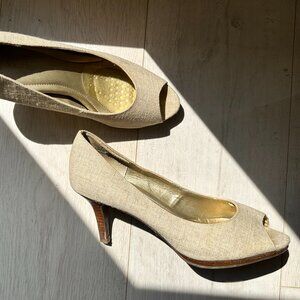 Woven Linen Pointed Toe Kitten Heel Pumps